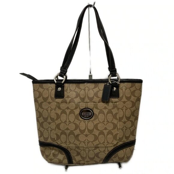 Auth COACH Heritage Signature Tote F18917 Khaki Dark Brown PVC Leather - Picture 1 of 8